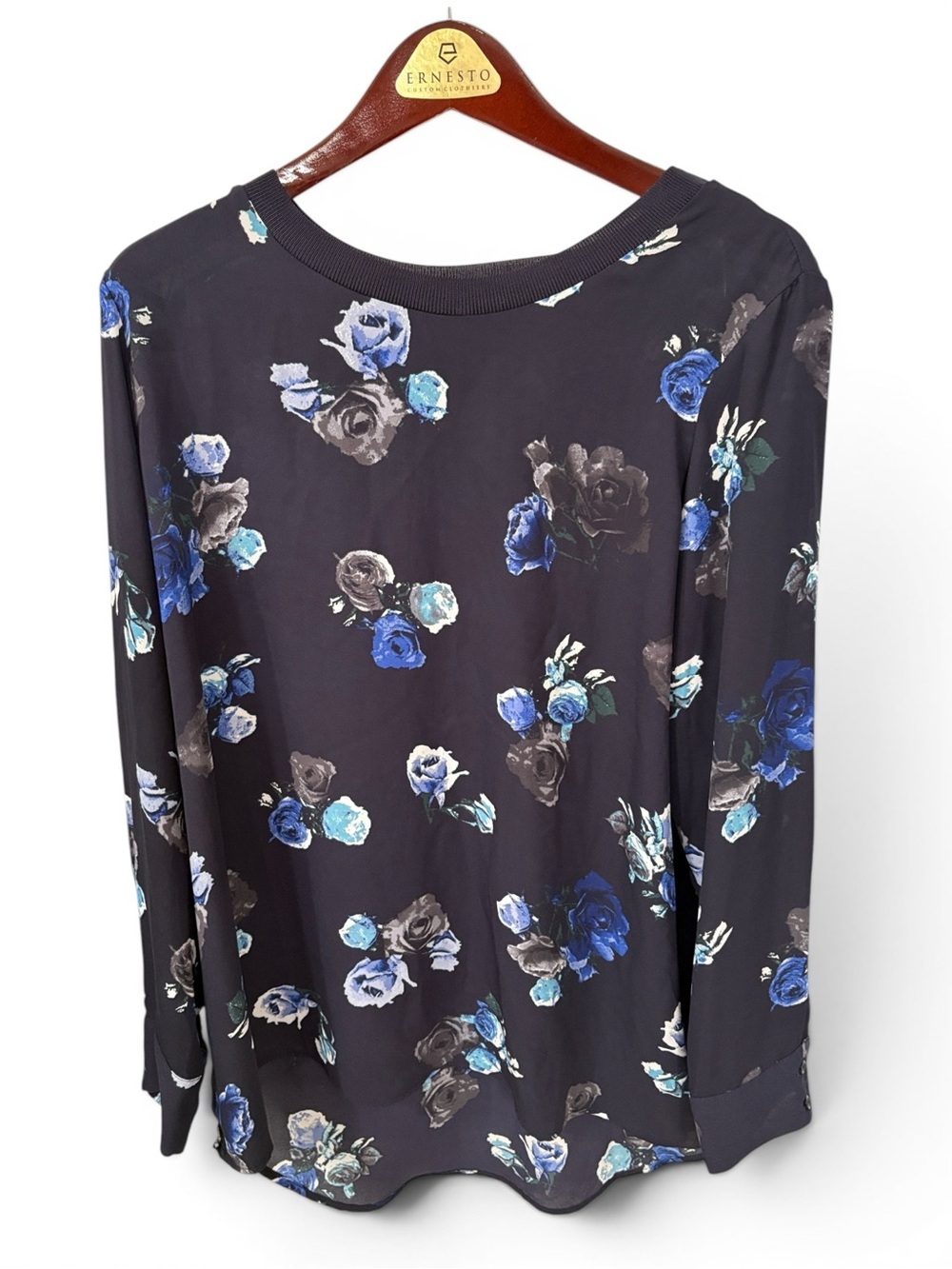 Thakoon Black Long-Sleeve Top with Blue Floral Print